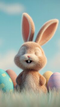 A cute fluffy brown Easter bunny with closed eyes smiling happily among colorful pastel eggs in green grass under a blue sky.