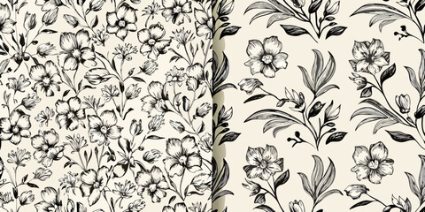 Detailed botanical illustration of black and white floral patterns on beige © Babita