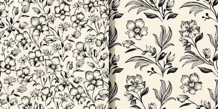 Detailed botanical illustration of black and white floral patterns on beige