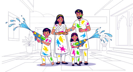 Fototapeta premium Vibrant Indian Family Holi Festival Fun