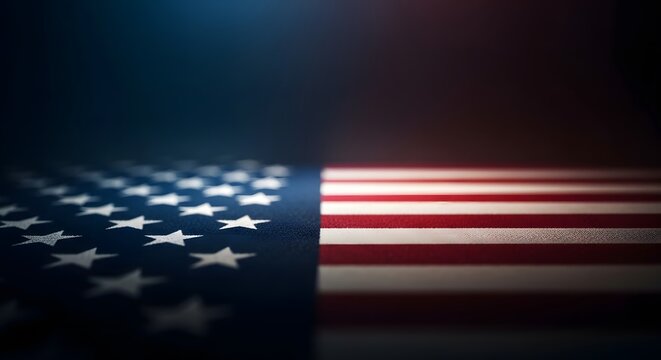 American flag with blurred red and white stripes and blue field of stars
