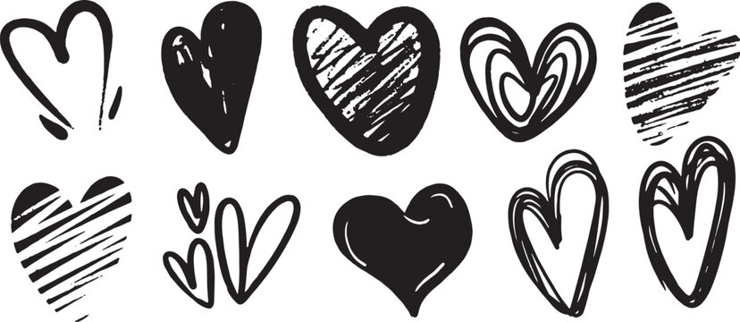 Black hand drawn heart icons, rough textured sketch variations, bold outlines, scribbled shading, creative abstract love symbols, artistic graphic design accents