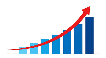 A bar graph showing a steady increase in values over time with a red arrow trending upwards.