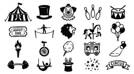 A collection of black and white illustrations representing various circus elements and attractions, including a tent, clown, lion, and performers. © GJ