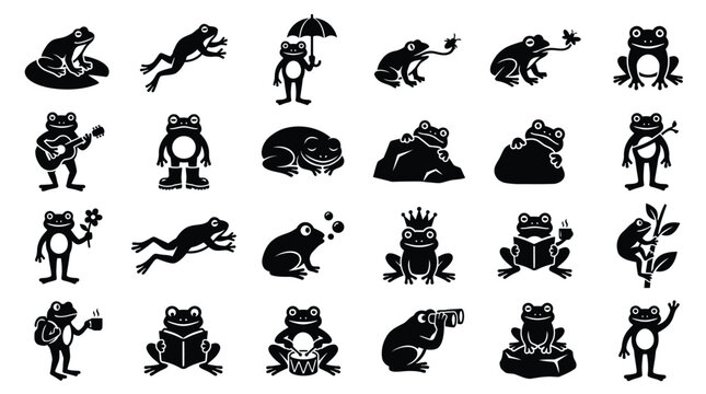A collection of 25 black and white silhouette icons depicting various frog activities and poses, including playing music, jumping, and holding an umbrella.