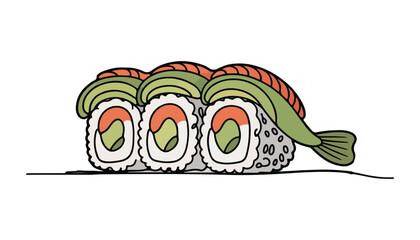 One continuous line illustration of an sushi, isolated on white background. © line