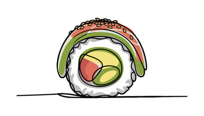 One continuous line illustration of an sushi, isolated on white background. © line