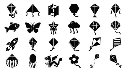 Collection of diverse kite designs and flying objects, including traditional kites, animal shapes, and abstract forms, presented as black silhouettes against a white background. © GJ