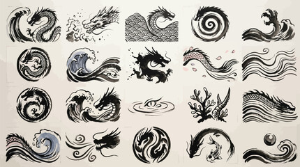 Collection of traditional Japanese ink wash paintings featuring dynamic dragons and swirling water elements, rendered in a bold, expressive brushstroke style. © GJ
