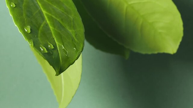 Water dropping on green laurel leaf