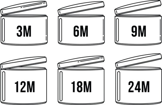 Six round containers with lids labeled 3 M 6 M 9 M 12 M 18 M 24 M in and