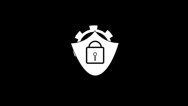 Animated White Shield Icon with Padlock and Gear on Black Background security protection