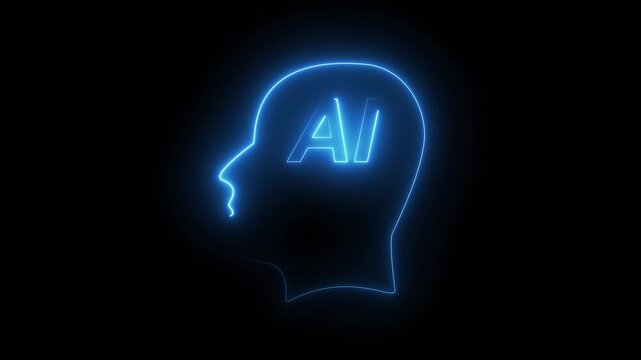 Neon Blue Outline of Human Head with AI Text Inside on animated Black Background artificial intelligence