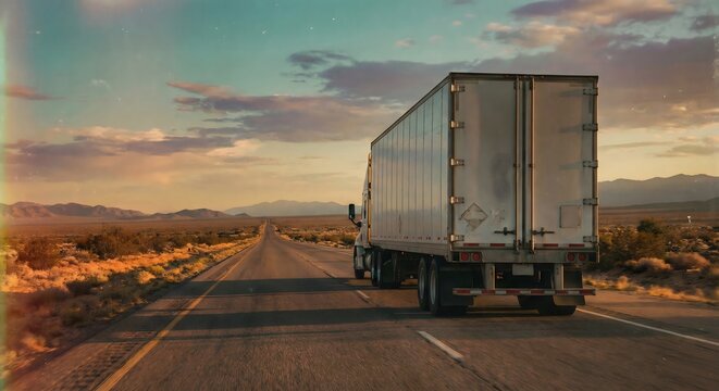 Rear view of a white semi-truck traveling on an open desert highway at sunset, commercial logistics transport on a wide asphalt road through a dry landscape during golden hour.