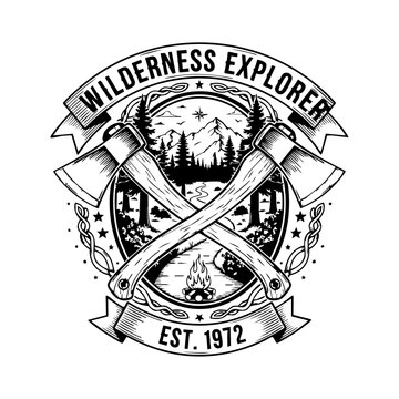 Vintage Wilderness Explorer Logo with Axes and Mountain Landscape.