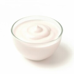Plain white yogurt with a smooth swirl rests in a small, clear glass bowl against a pure white background.