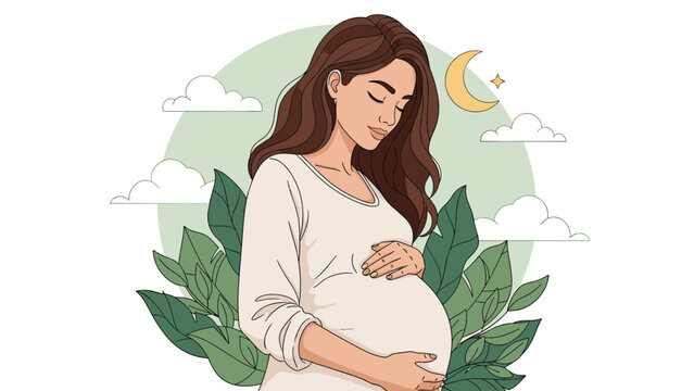 Serene portrait of a pregnant woman in a white dress standing amidst lush green leaves under a crescent moon and clouds.