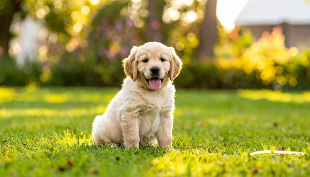 A happy young golden retriever puppy and adult dog sit for a cute canine portrait in the green summer grass as this outdoor nature scene captures the essence of the golden retriever breed