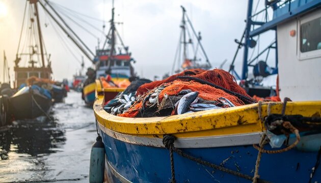 An old fishing boat and several nautical vessels dock in the harbor port under a clear sky, ready for travel across the marine coast