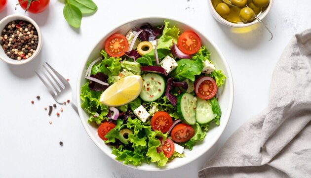 A delicious vegetarian appetizer of fresh Greek salad with feta cheese, olives, and green lettuce served as a healthy gourmet meal on a white restaurant plate