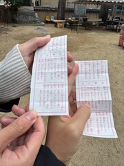 Naklejka premium 日本の神社で正月におみくじをひく二人の様子