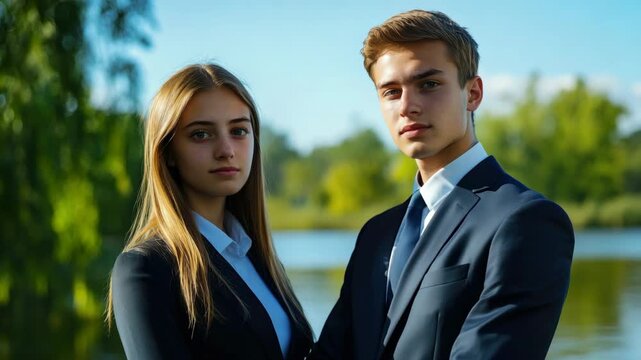 Two teenage students dressed formally with ties, smiling at the camera, marking their graduation from high school.