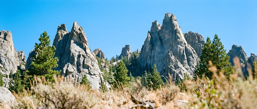 Majestic granite mountain peaks of the Aiguilles de Bavella in Corsica under a bright blue summer sky, featuring lush green pine forests and rocky terrain, scenic outdoor nature concept.