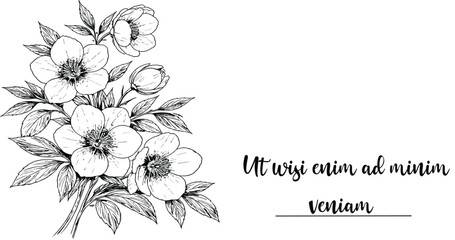 Floral bouquet line art vector illustration, botanical flower greeting card design, vintage outline isolated on white background © jamiul