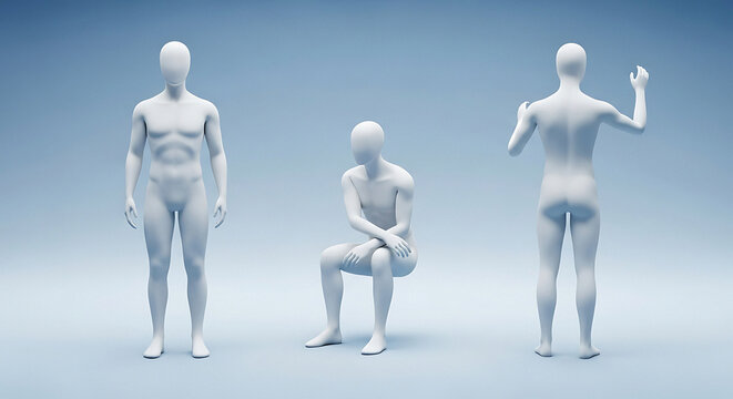 Three white mannequins in different poses against blue background