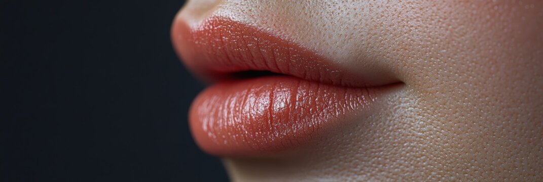 Close up of a woman's lips wearing coral lipstick, highlighting the plumpness and smooth texture, suggesting lip augmentation or cosmetic enhancement