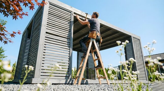 Professional White adult male carpenter wearing a tool belt and cap working on a ladder to build a modern grey slatted wooden patio structure in a backyard on a sunny day, home improvement concept.