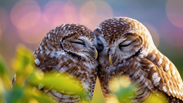 Adorable owls showing affection in natural setting at sunset
