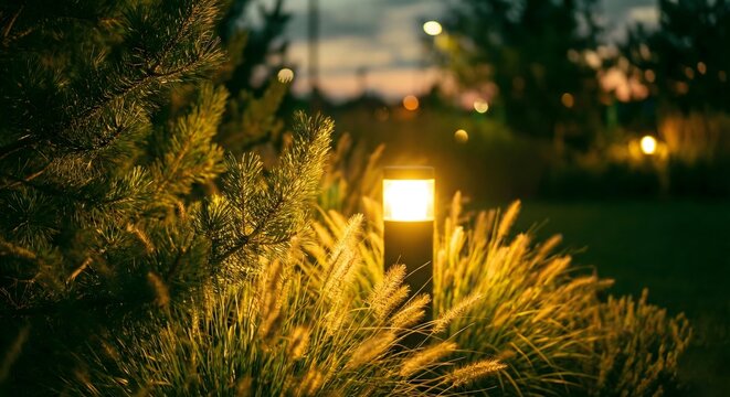 Modern warm garden bollard light illuminating green ornamental grasses and pine trees in a luxury backyard at night, serene outdoor landscape lighting concept for residential exterior design.
