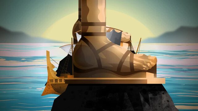 greek trireme sailing beneath the colossus of rhodes