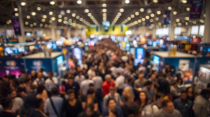 Obraz premium Large crowd attending busy trade show exhibition hall with motion blur, business networking, conference activity and event industry concept