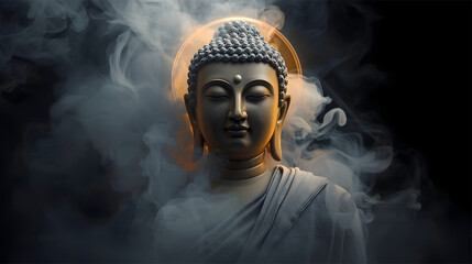portrait of lord buddha with golden halo with white smoke on black background