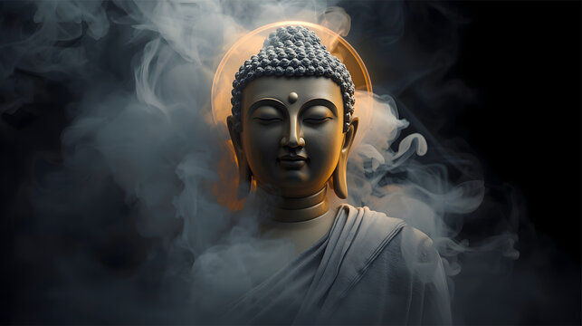 portrait of lord buddha with golden halo with white smoke on black background