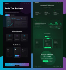 "The visual mood is high-contrast and sophisticated, utilizing a dark mode aesthetic punctuated by vibrant neon gradients in purple and emerald green. It exudes a futuristic, high-performance tech