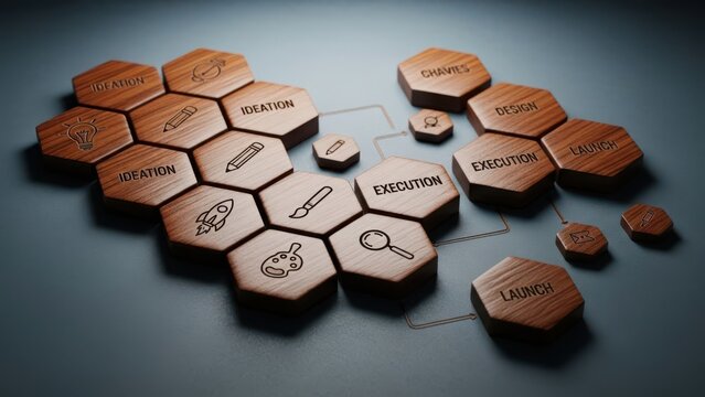 Interconnected hexagonal blocks representing digital concepts and data flow