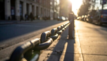 A sunny city street with a chain-link fence
