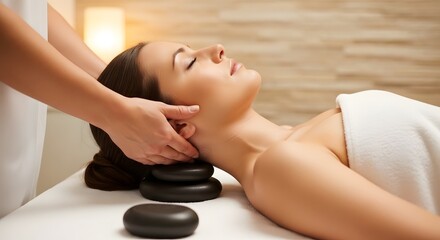 Obraz premium Woman receiving a relaxing hot stone neck massage at a spa
