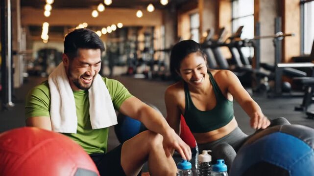Fit couple high five in gym.