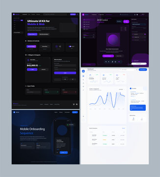 "The visual mood is high-tech, professional, and sophisticated. It features a striking contrast between deep, neon-accented dark mode surfaces and clean, data-driven light mode layouts. The aesthetic 