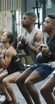 People, exercise or squat in gym class with kettlebell, strength training or challenge for fitness. Group, lifting weights or body building in health club for workout, wellness or muscle development.