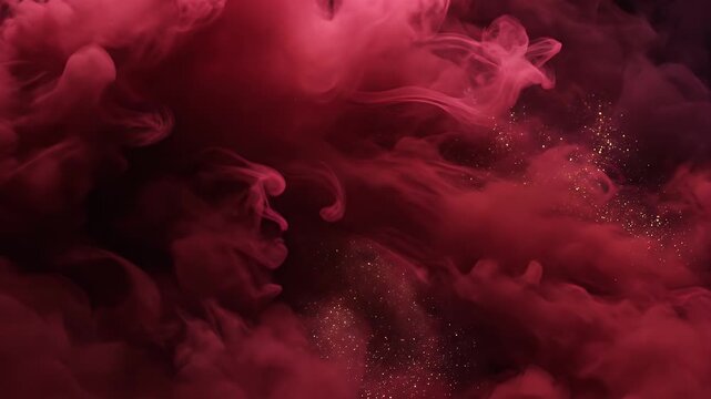 Abstract image of swirling red smoke or fluid with golden specks on a dark background