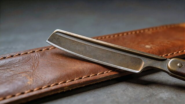 Antique straight razor on strop close-up
