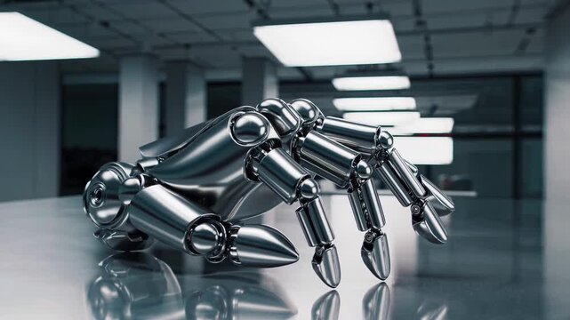 Robotic Hand In Sterile Laboratory. Shiny Mechanical Hand On Empty Work Surface. An Abandoned Metallic Robot Hand Lies Motionless On Unoccupied Laboratory Table Under Gentle Illumination
