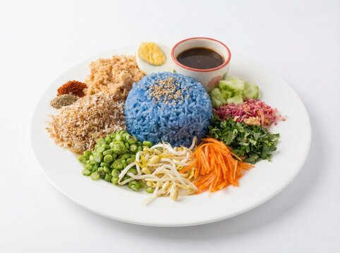 Side view of Khao Yam, Southern Thai spicy rice salad with blue butterfly pea rice, fresh herbs, and Budu sauce isolated on white background.