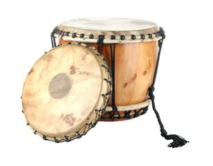 Two wooden hand drums with natural skins, connected by cords