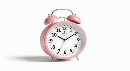 Pink alarm clock ringing at six thirty in morning